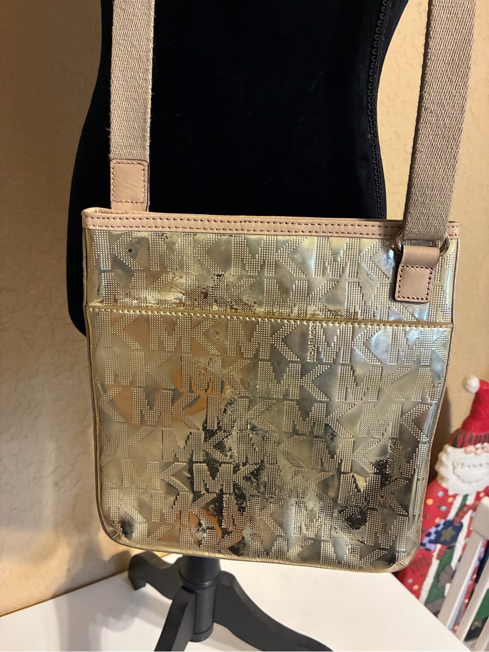 Michael Kors Slim Shiney Gold Crossbody With Canvas Strap - Picture 5 of 16